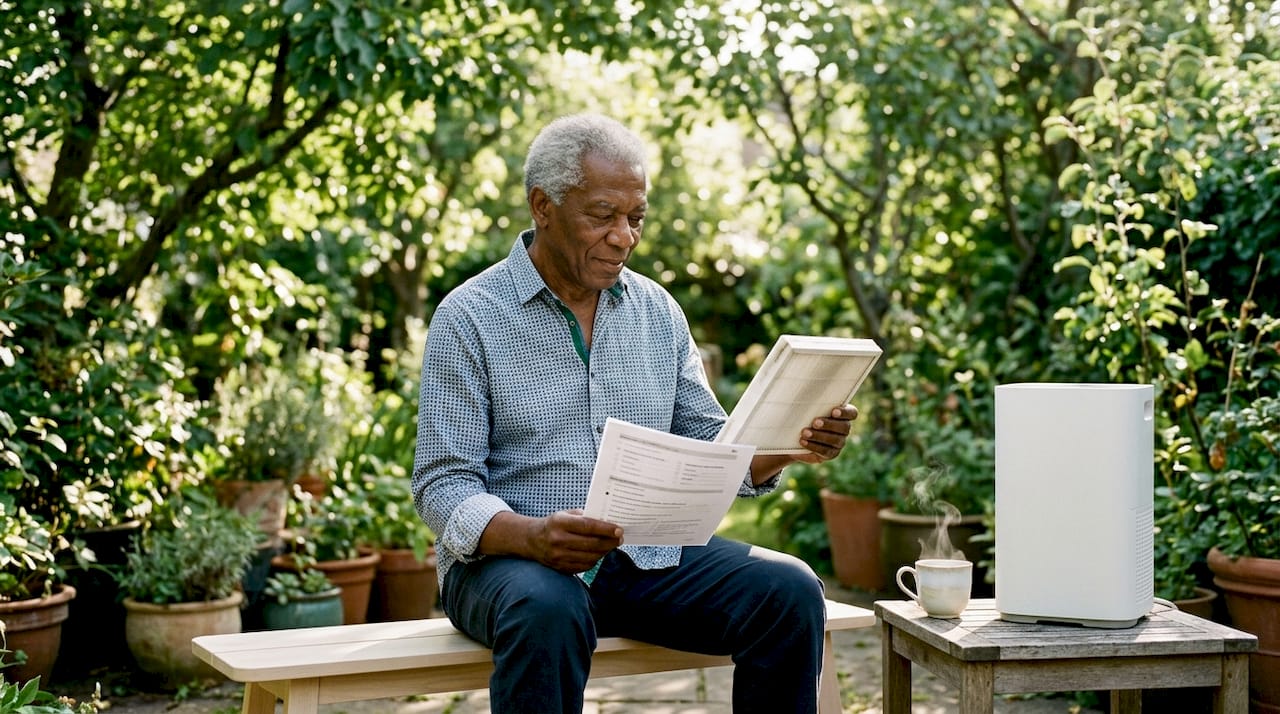 Man checking air purifier filter with checklist
