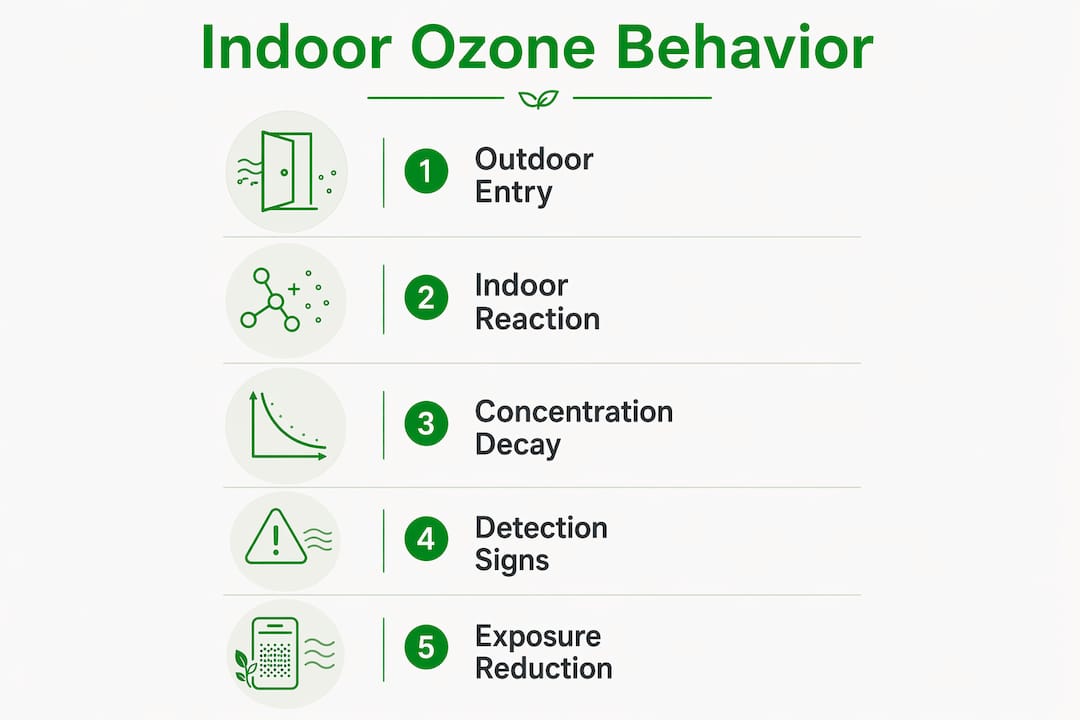 Infographic illustrating indoor ozone behavior stages