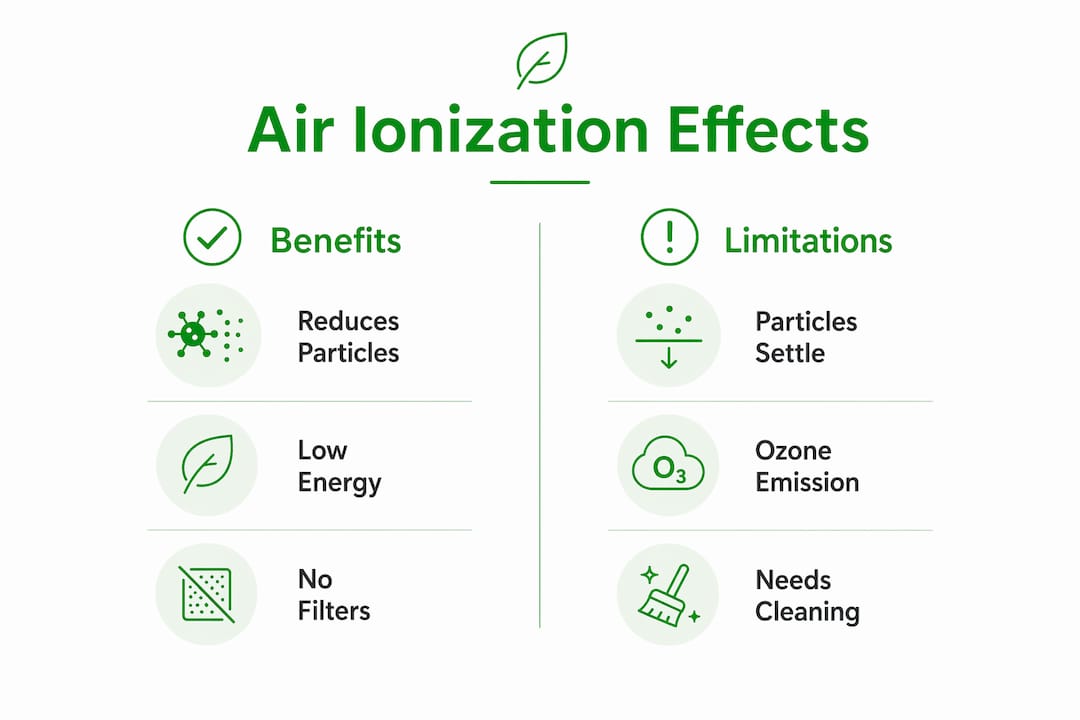 Infographic comparing benefits and limitations of air ionization