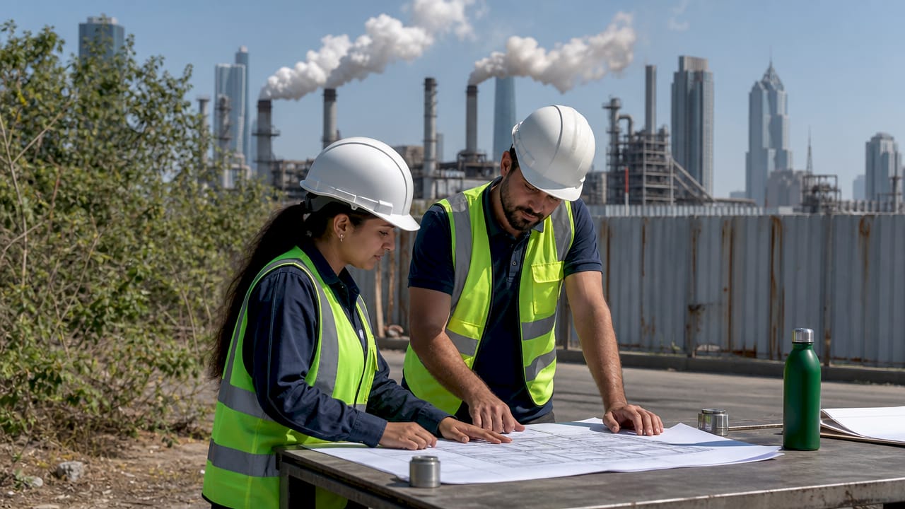 Workers near factory smokestacks on smoggy morning