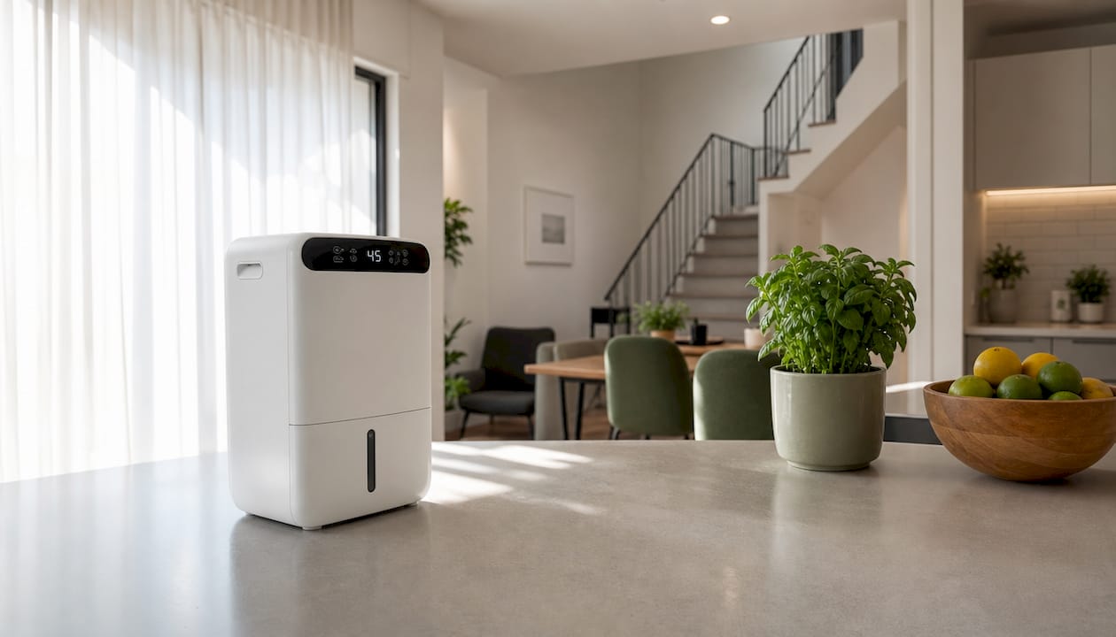 Digital dehumidifier in living room corner