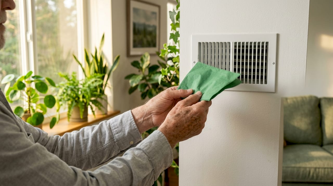 Hands testing airflow near HVAC vent
