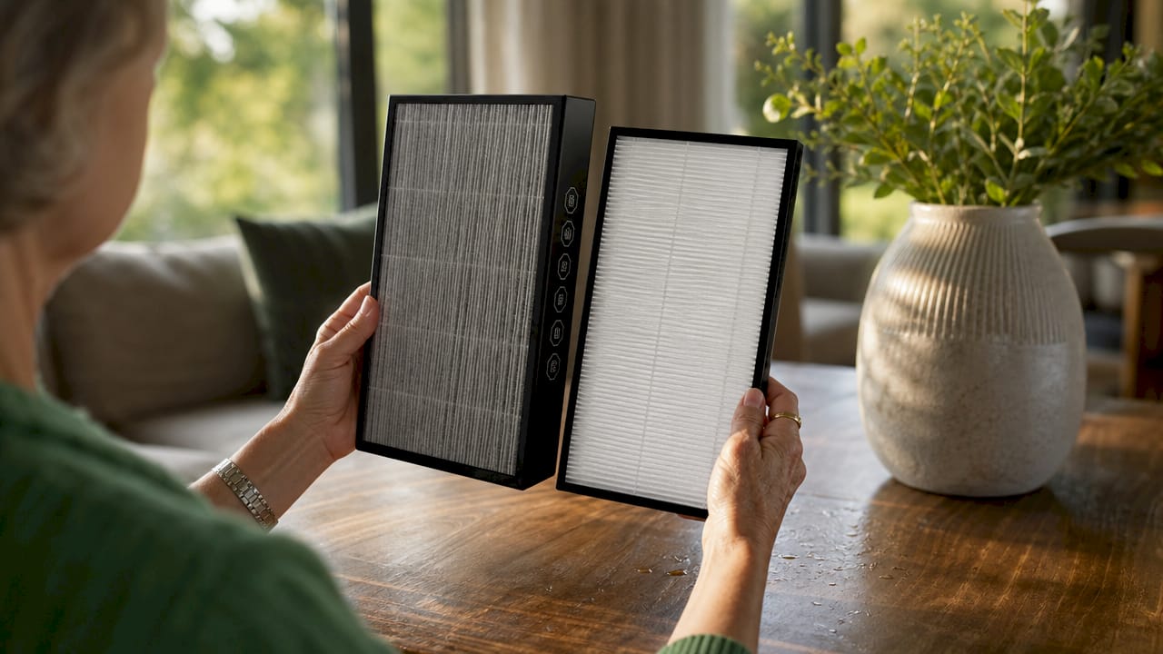 Hands comparing two air purifier filters