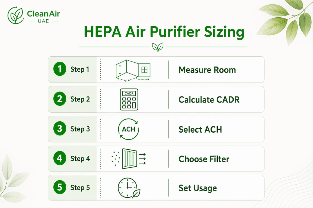 Infographic illustrating HEPA air purifier sizing steps
