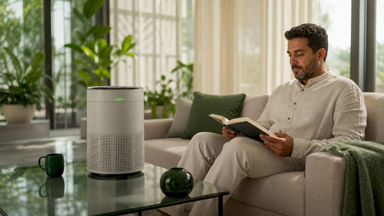 HEPA air purifier working in family living room