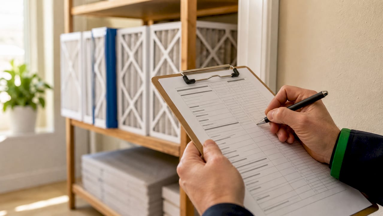 Hands documenting HVAC filter inspection checklist