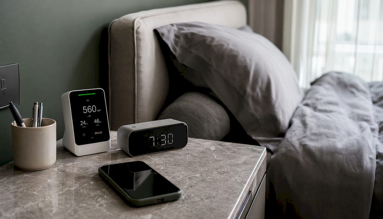 CO2 monitor on bedside table in bedroom