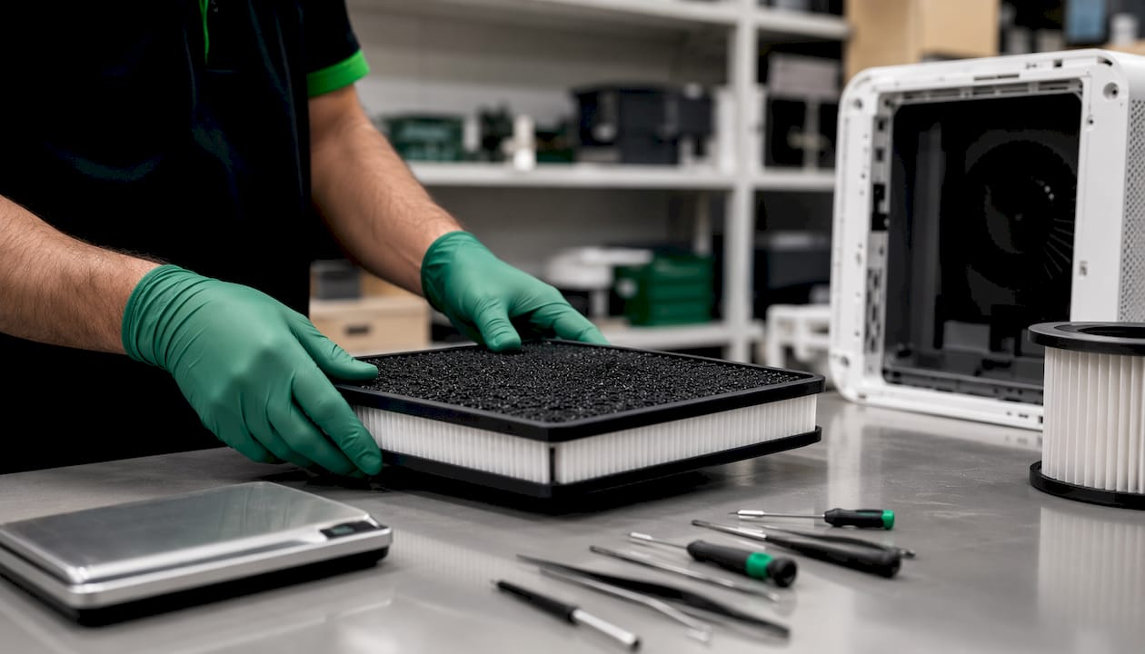 Hands handling activated carbon filter in workshop