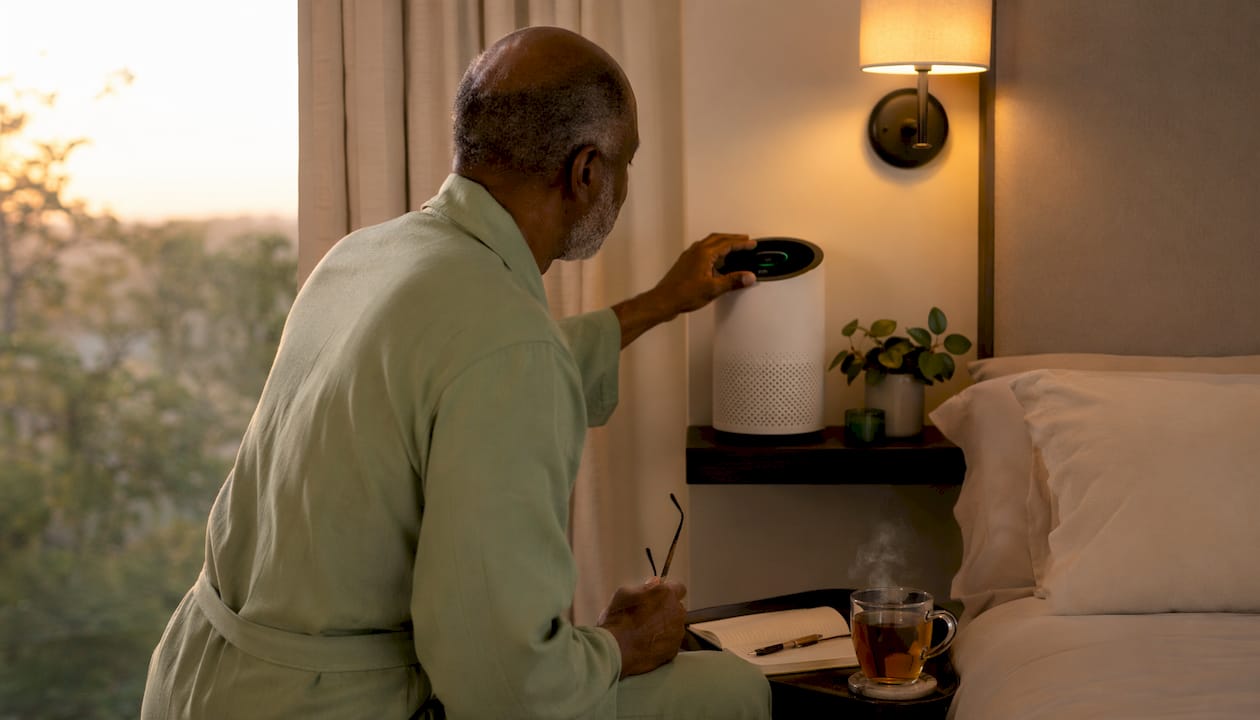 Man adjusting bedroom air purifier at night