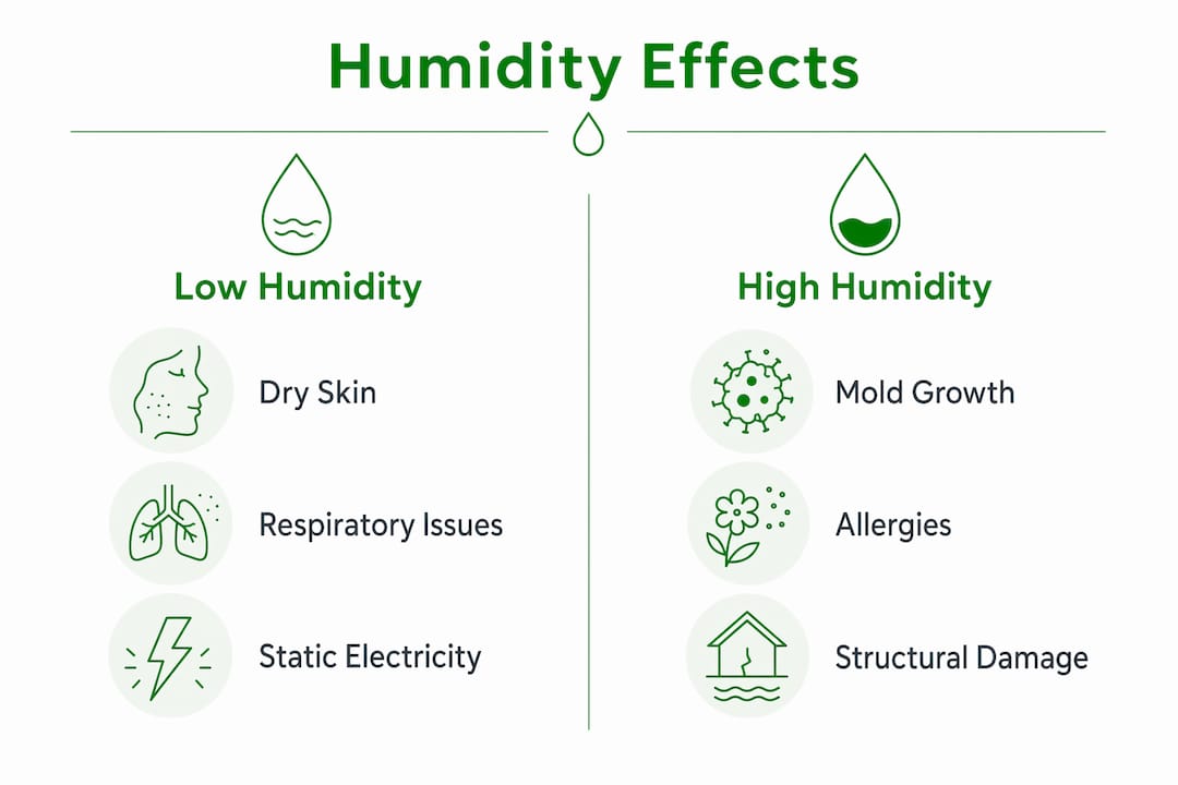 Infographic illustrating low vs high indoor humidity effects