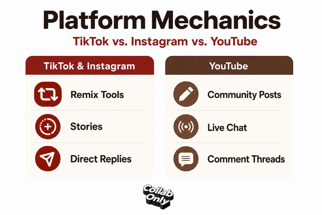 Infographic comparing TikTok, Instagram, YouTube mechanics
