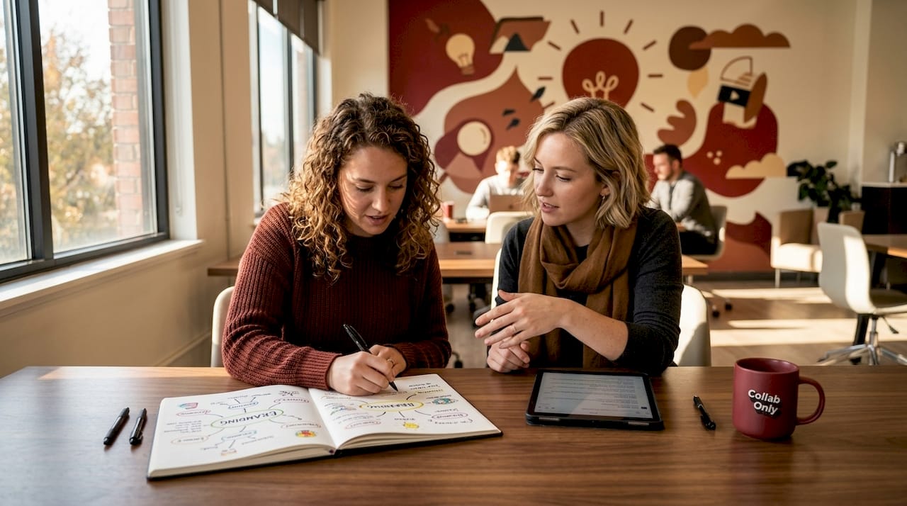 Creators collaborating at shared workspace table