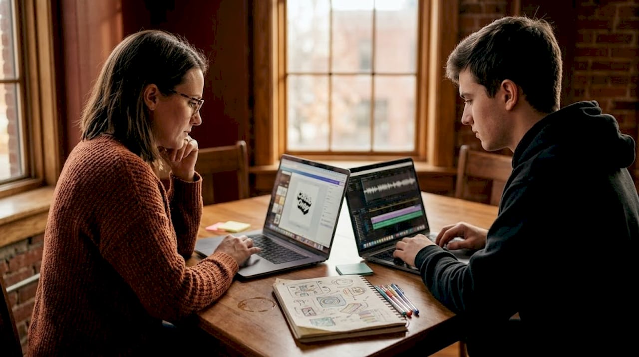 Creators exchanging skills at kitchen table
