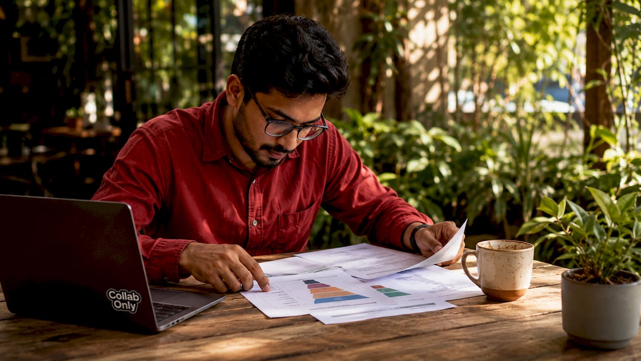 Man analyzing marketing diagrams in home office