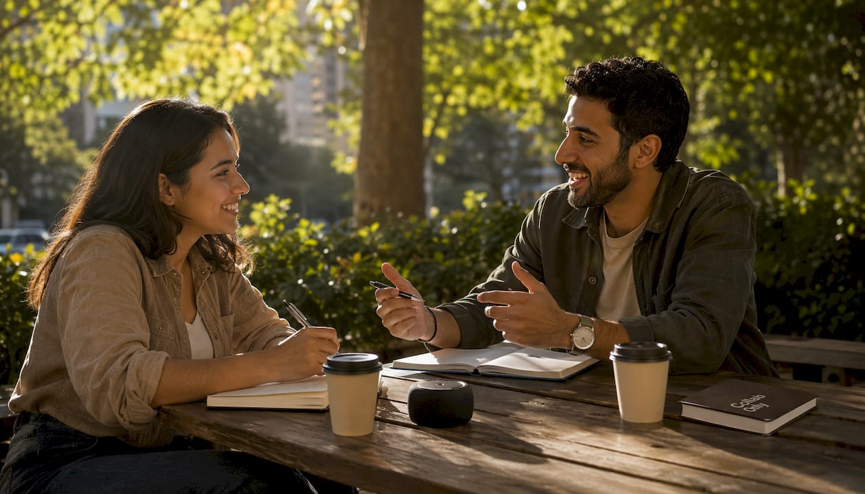 Two professionals discussing partnership types in cafe