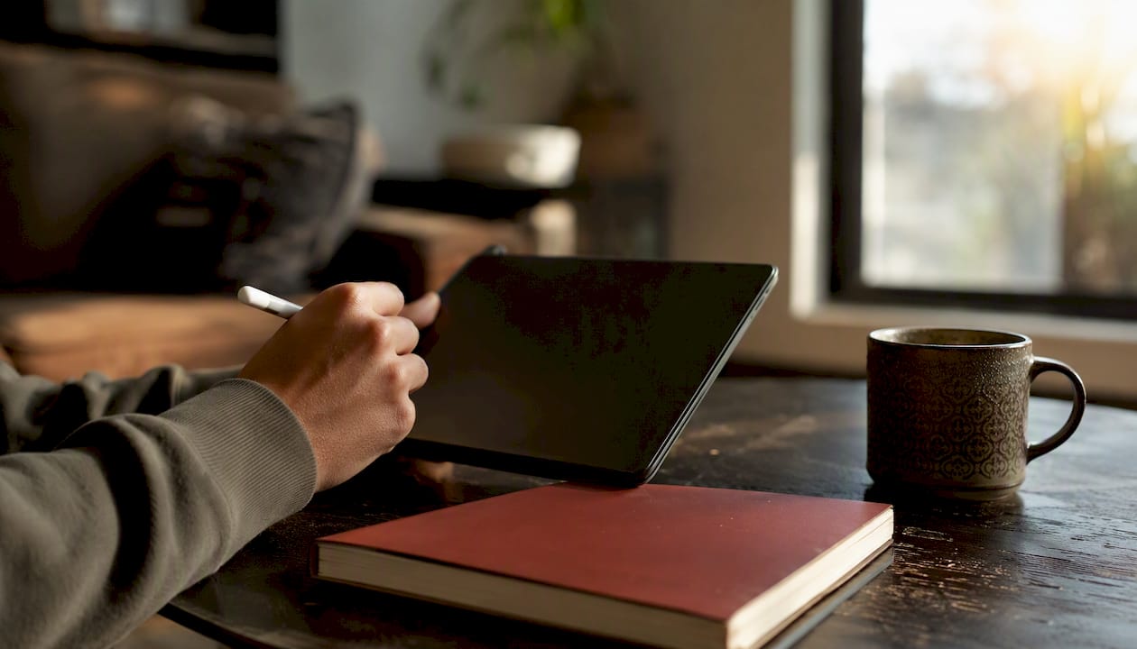 Hands writing partnership notes on tablet
