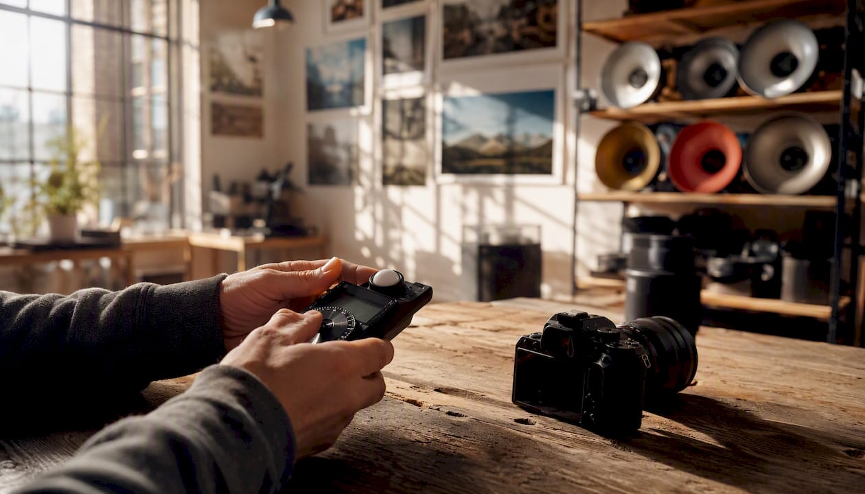 Hands tuning photography equipment