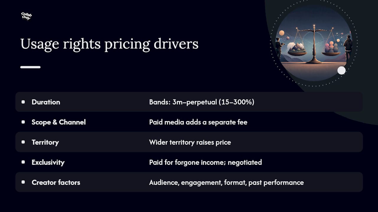 Diagram showing usage rights pricing factors