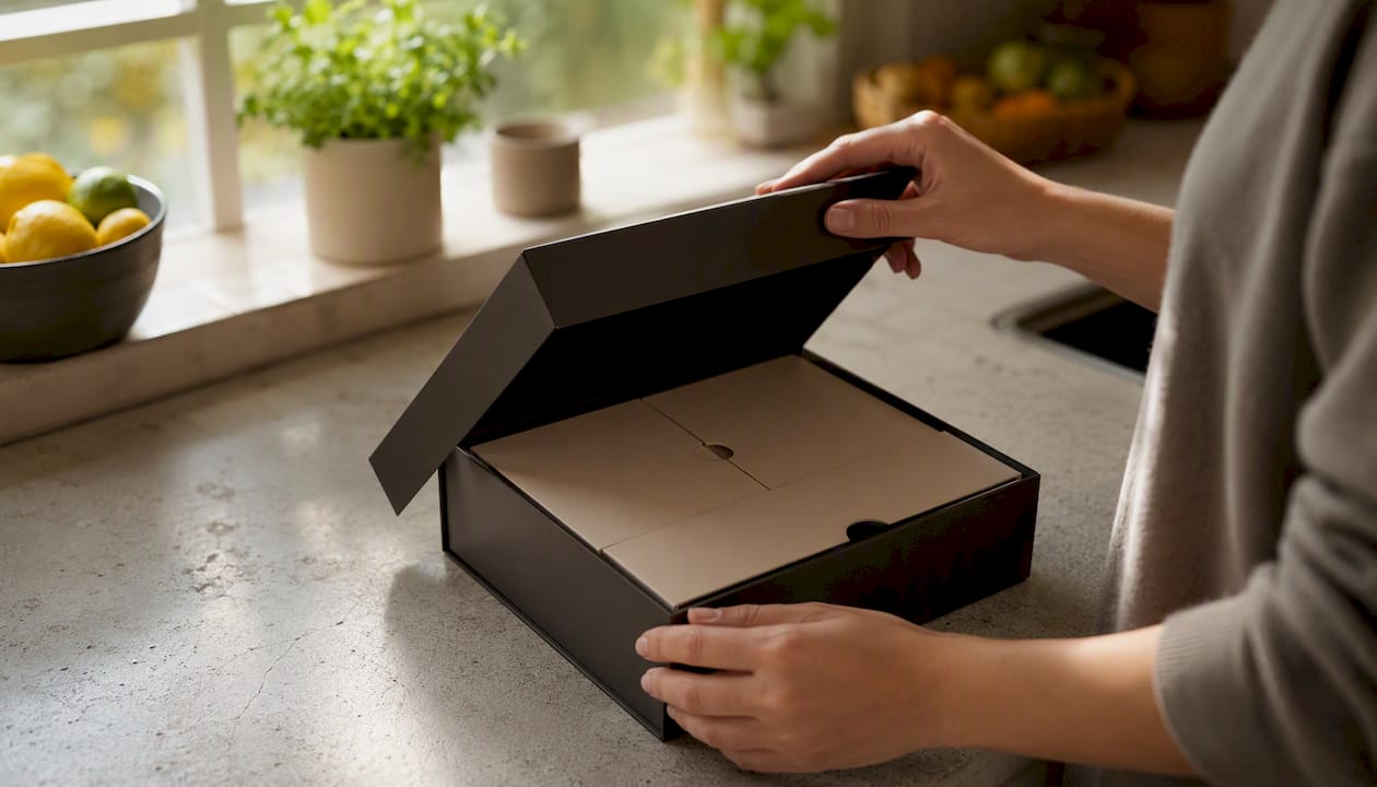 Hands opening product package on desk