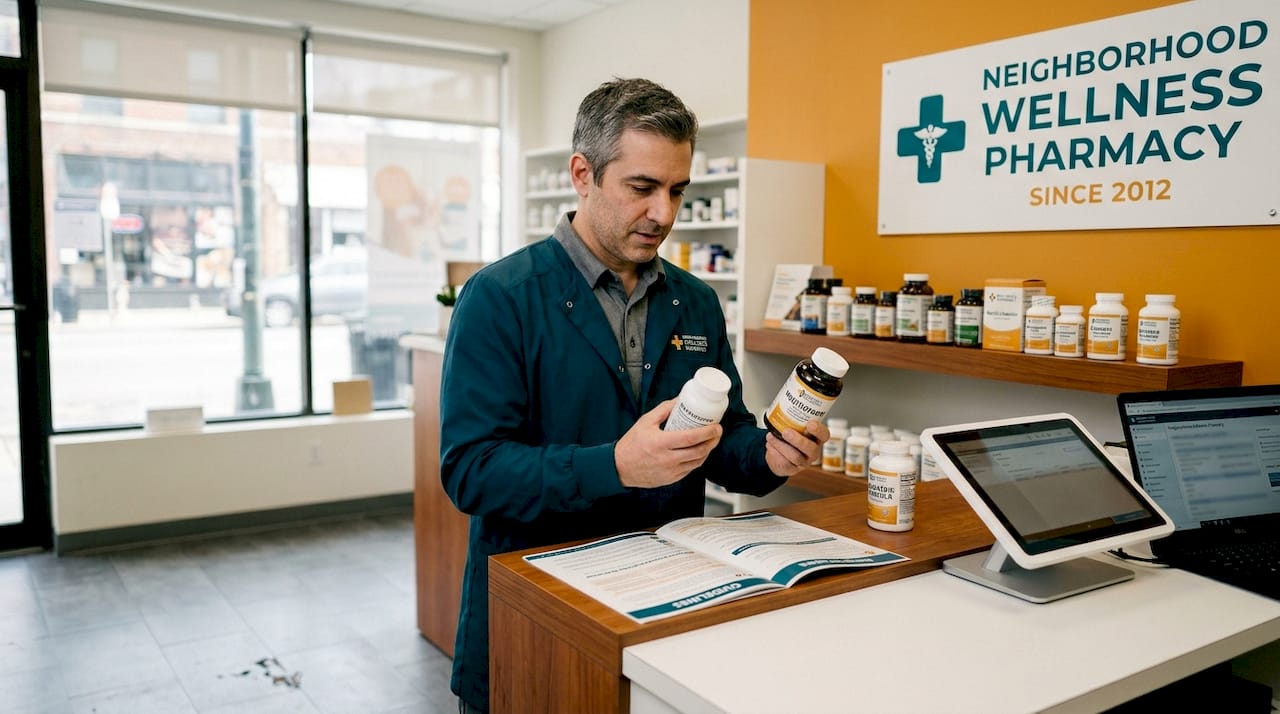 Pharmacist comparing bariatric and standard vitamins