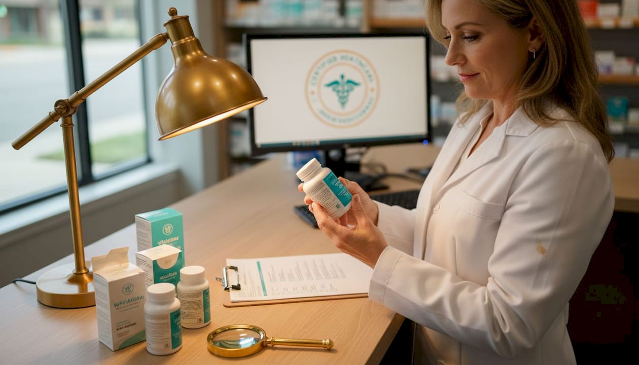 Pharmacist examining vitamin label for testing marks