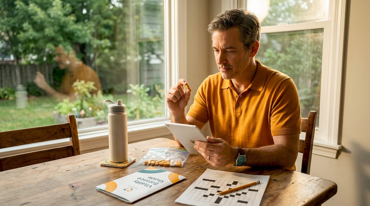 Man comparing chewable and tablet vitamins at table