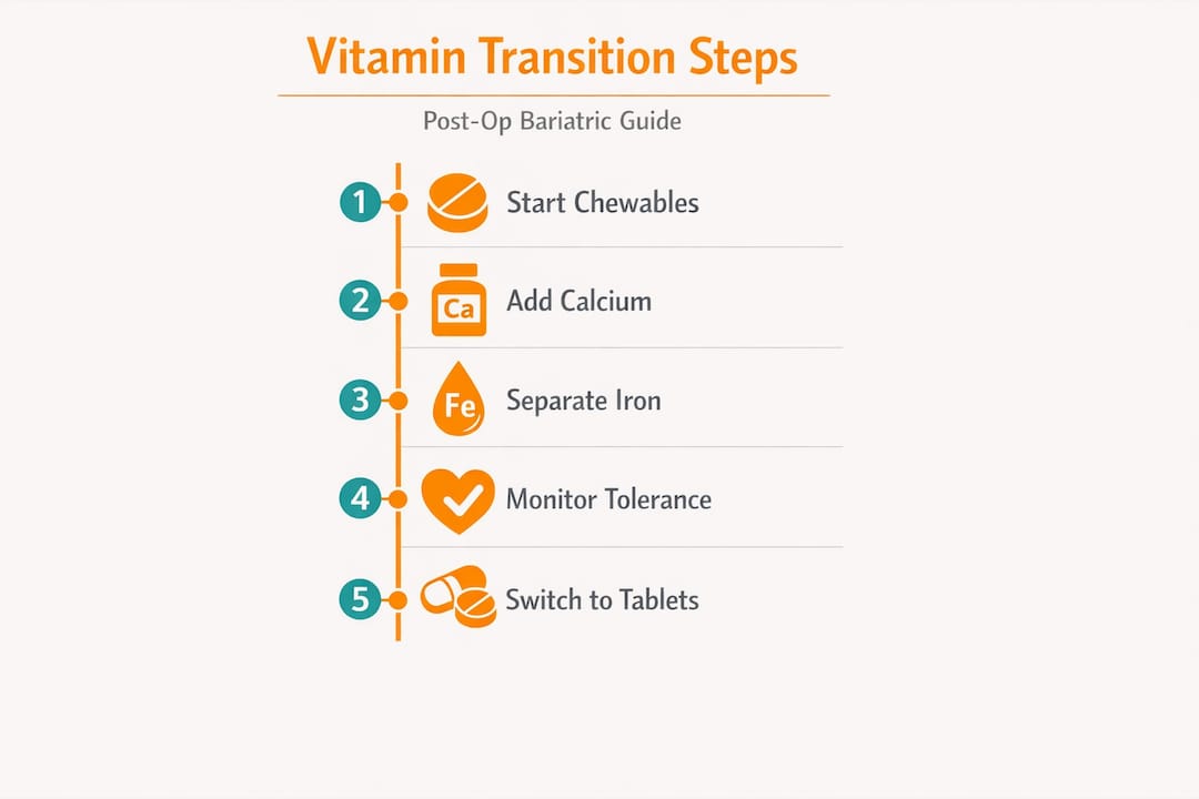Infographic showing steps for multivitamin transition after bariatric surgery