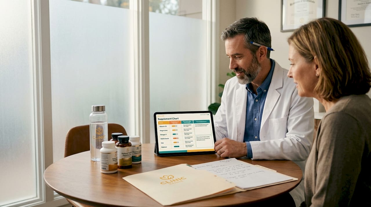 Dietitian and patient reviewing vitamin supplement chart
