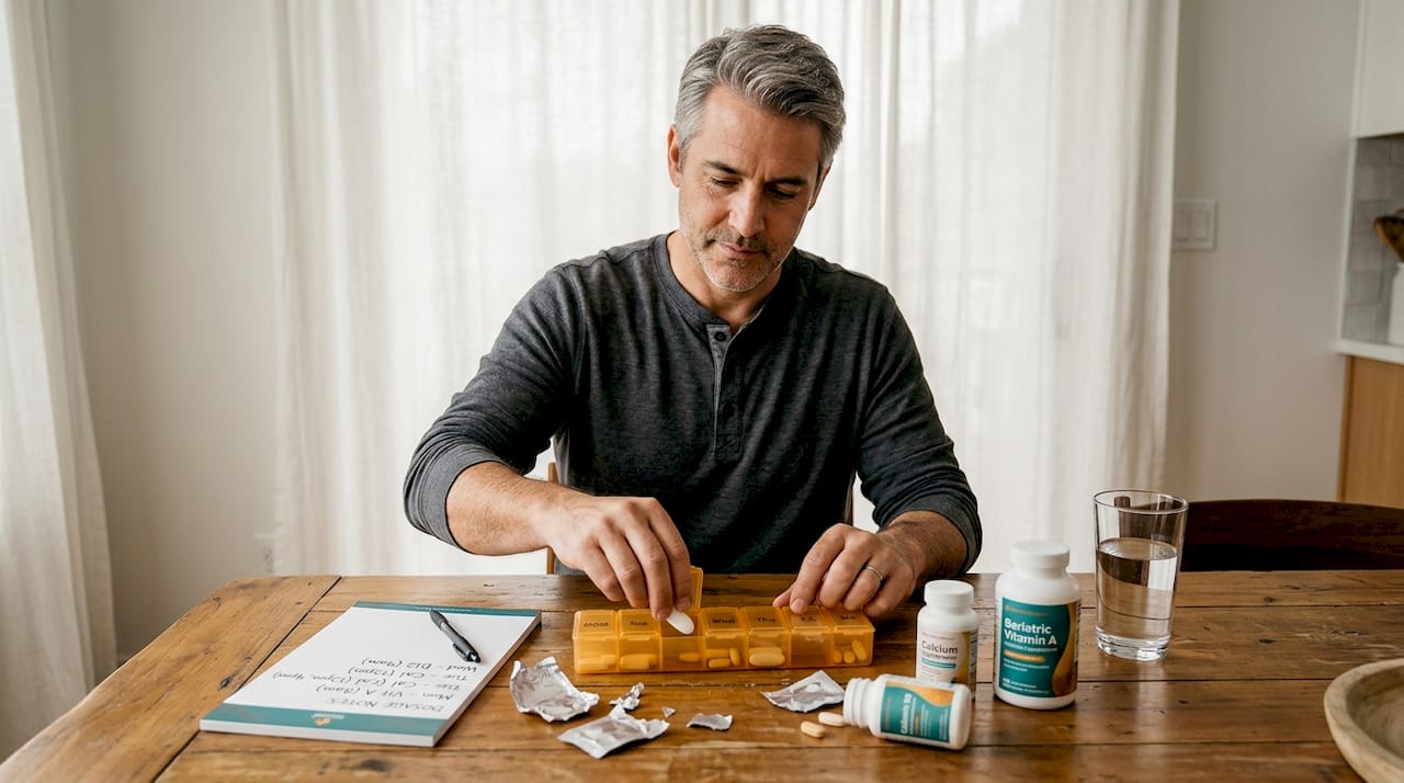 Man organizing bariatric vitamins by dosage