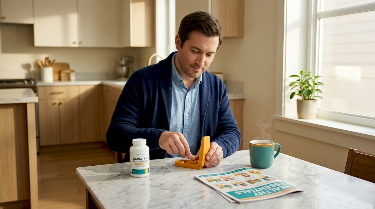 Man splitting bariatric multivitamin at table