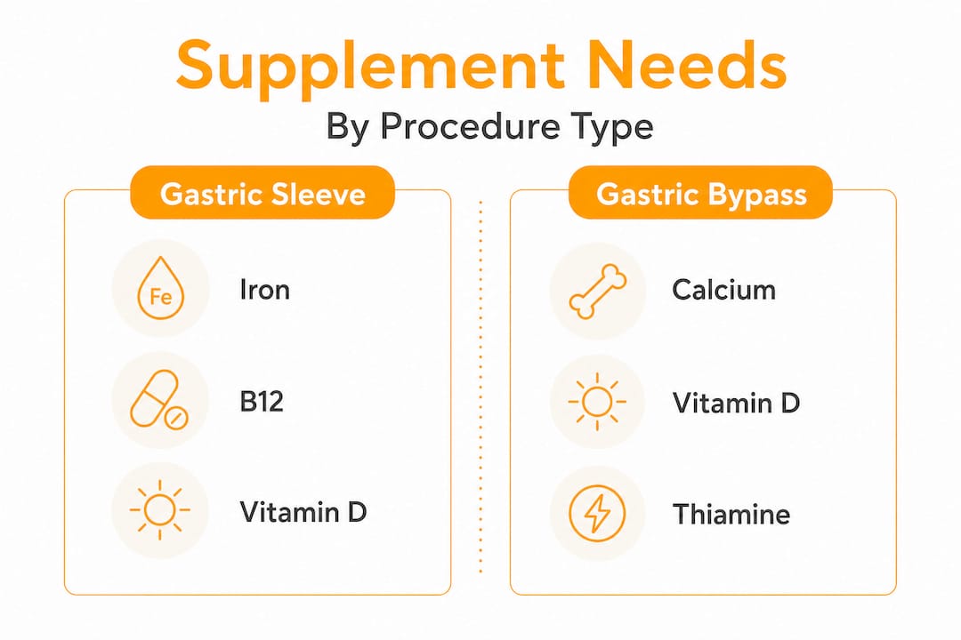 Split infographic comparing supplement needs by procedure