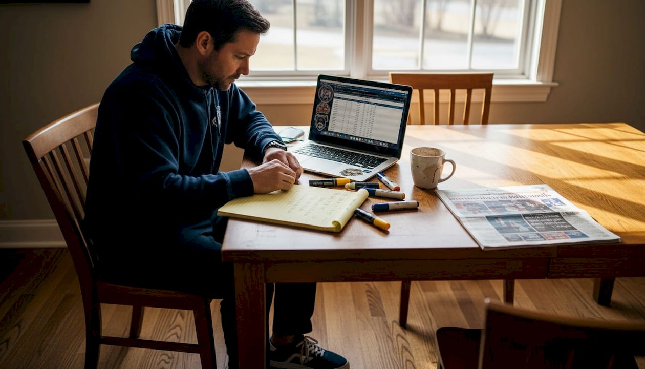 Man reviewing NFL stats at cluttered table