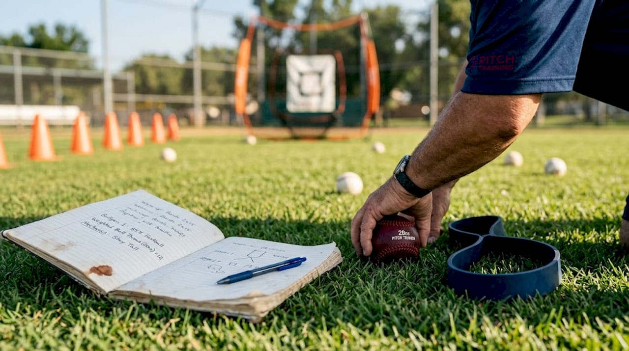Coach sets baseball tools on grass
