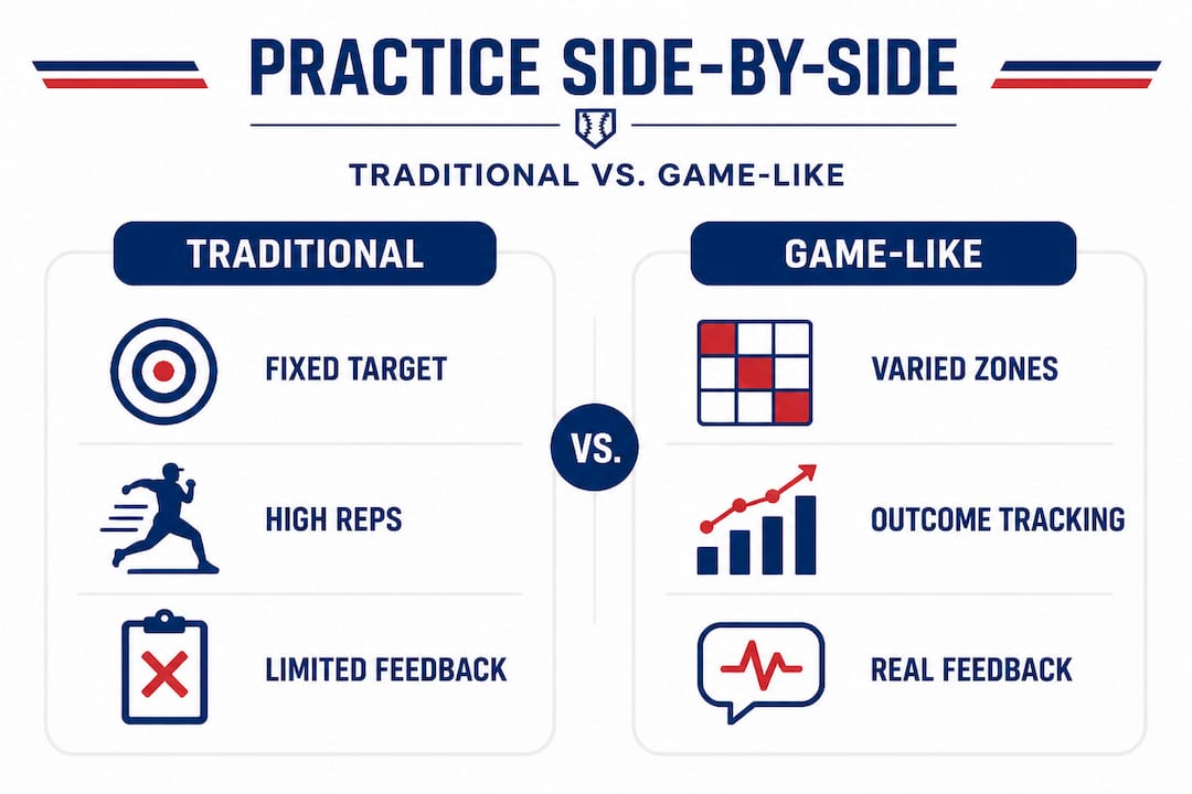 Infographic comparing traditional and game-like pitching practice