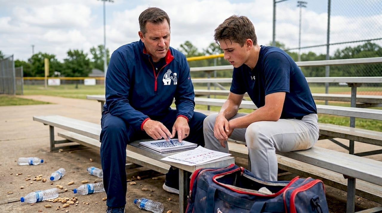 Coach discussing pitch feedback with young player