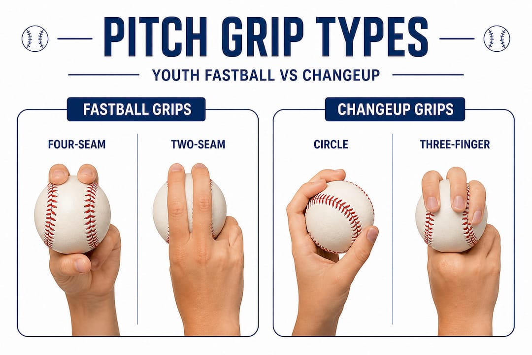 Infographic comparing youth fastball and changeup grips