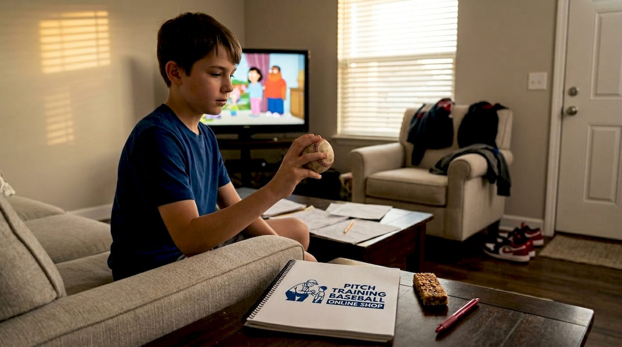 Boy practicing pitching grip on couch at home