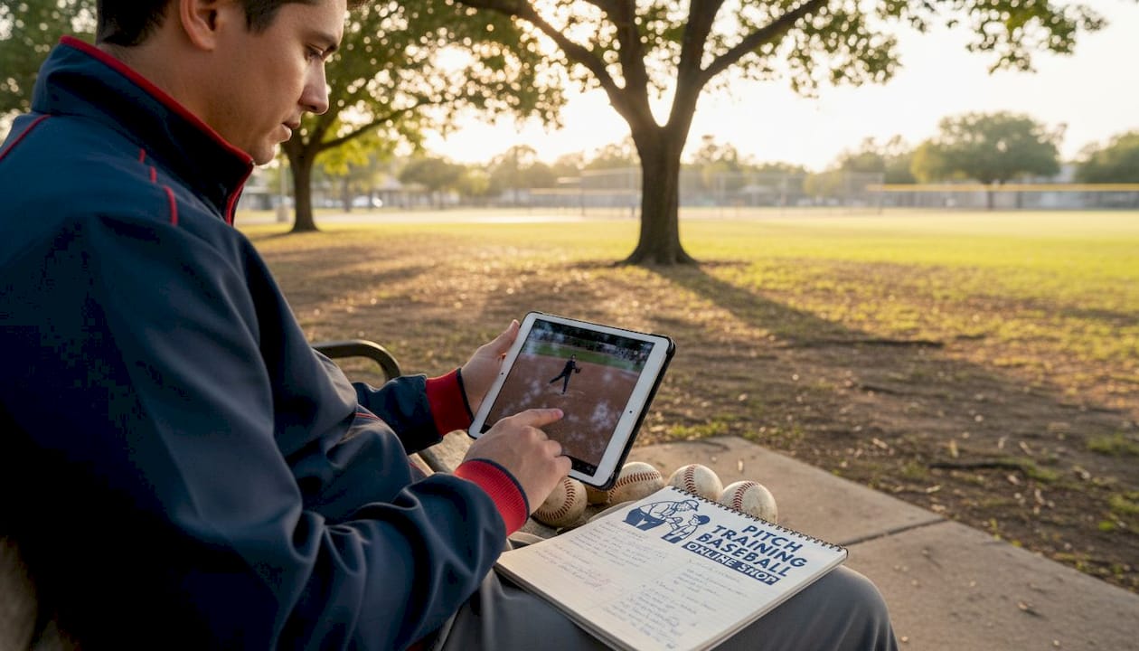 Parent reviewing pitching mechanics footage and notes