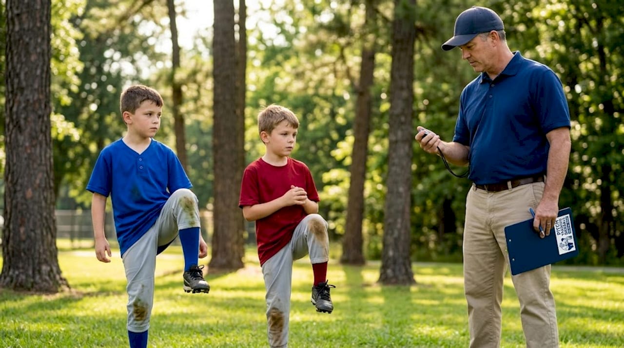 Children doing baseball pitching drill outdoors