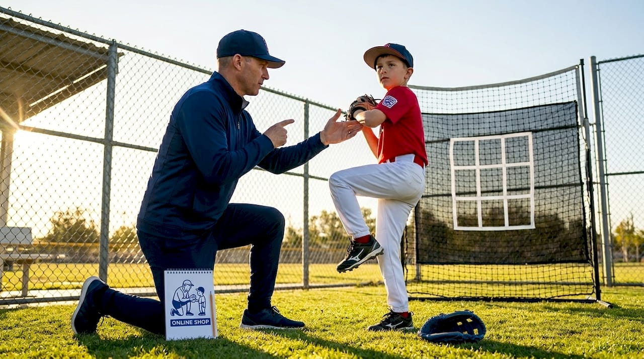 Coach helping youth fix pitching mechanics