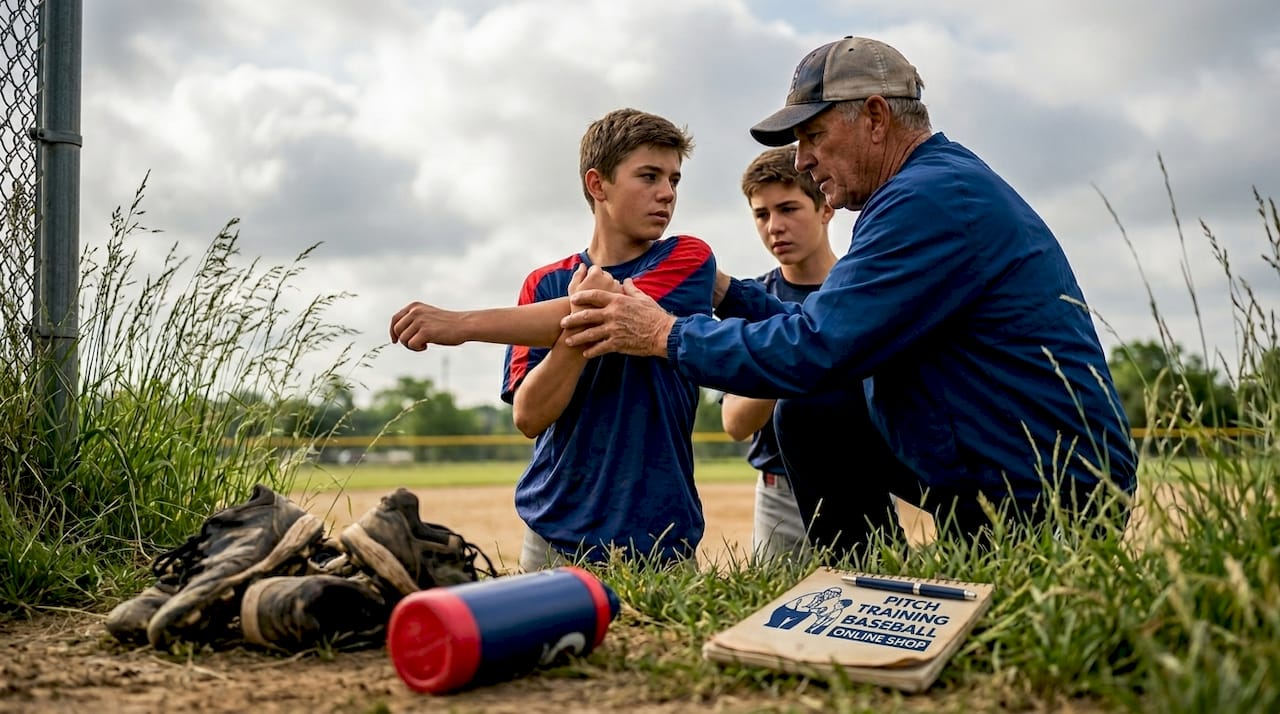 Coach demonstrates shoulder stretches to youth pitchers