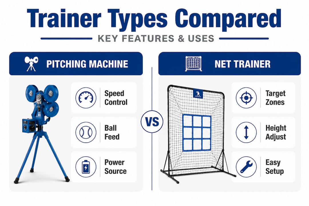Infographic comparing pitching machine vs net trainer features