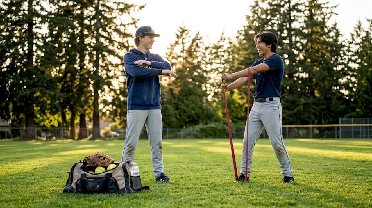 Teen athletes doing arm warmup at ballpark