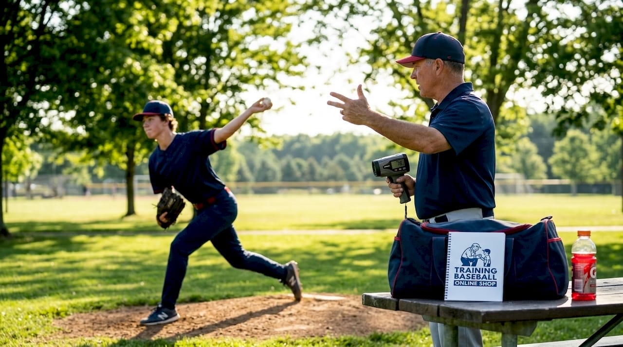 Coach giving real-time feedback to young pitcher
