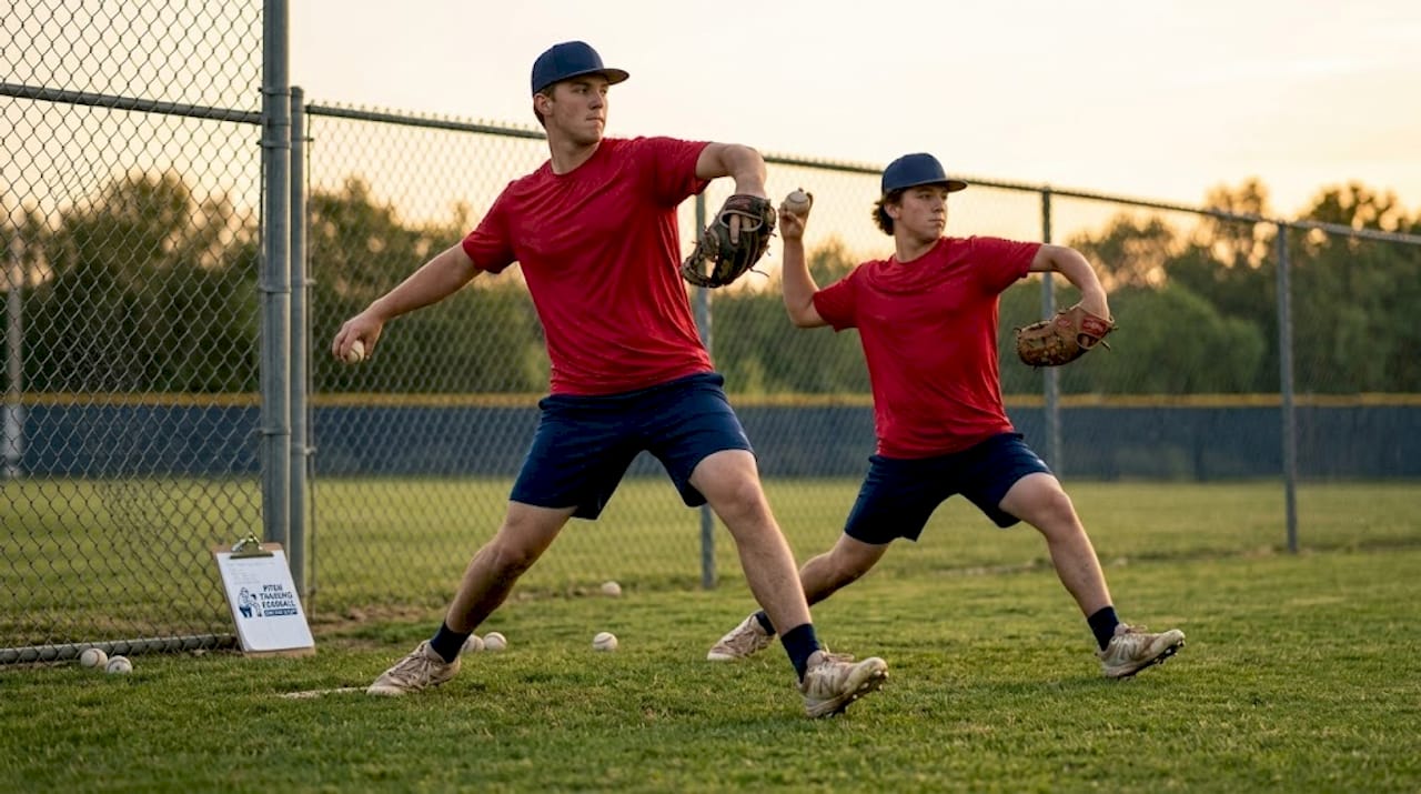 Two pitchers warming up show arm slot differences
