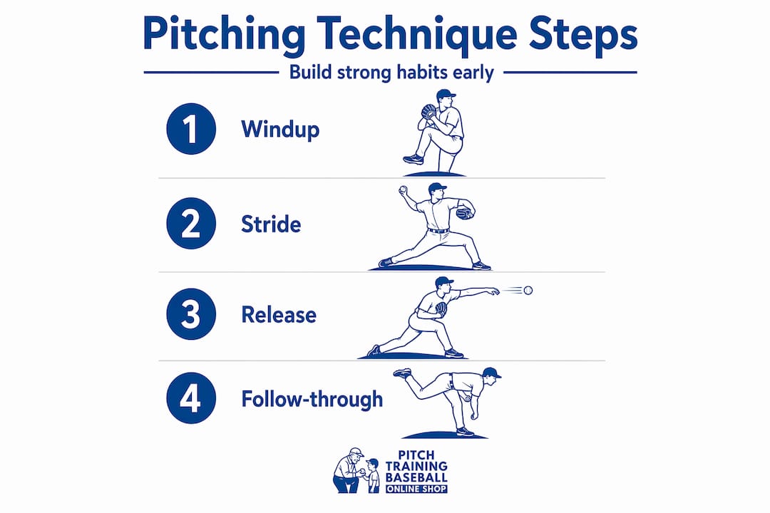 Infographic showing youth pitching technique steps