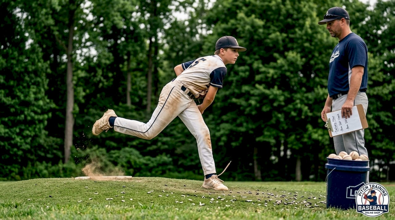 Youth pitcher showing stride and lower body action