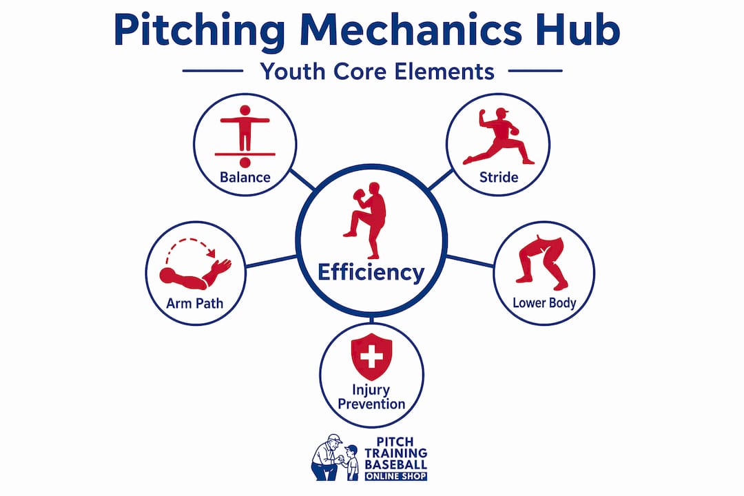 Hierarchy infographic of youth pitching core mechanics