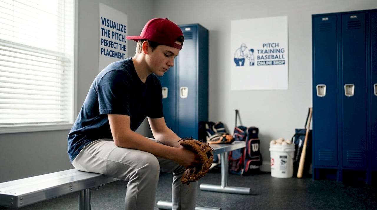 Teen pitcher mentally rehearsing in clubhouse
