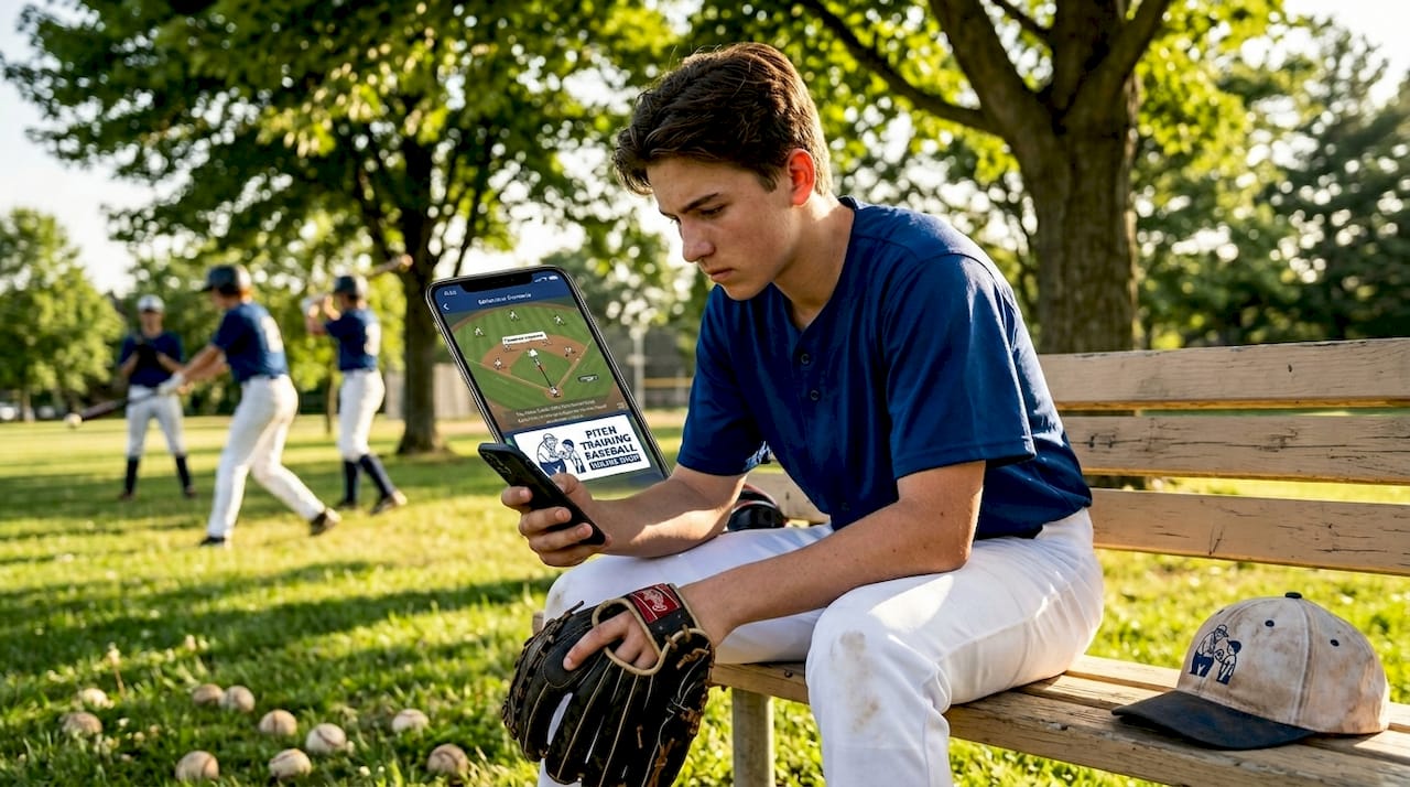 Teen baseball player reviewing app training scenarios